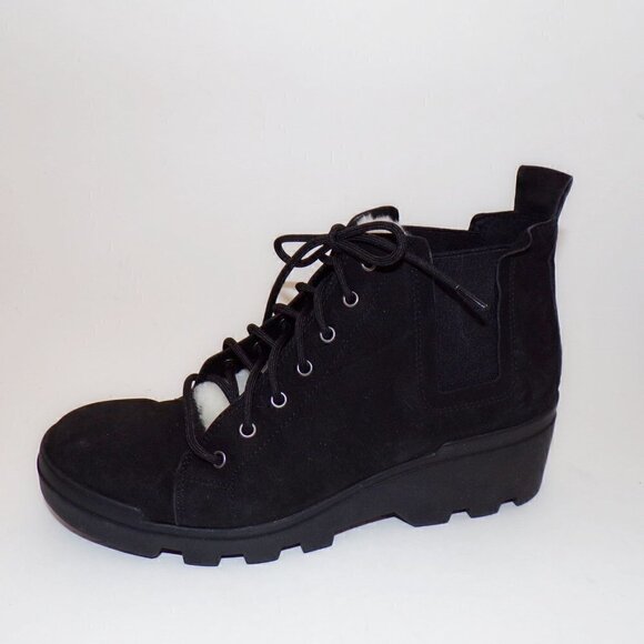 Eileen Fisher Calm Hiker Shearling Trim Bootie Black Suede Wedge Size 7.5 - Picture 2 of 6